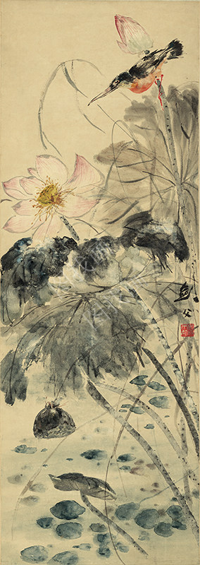 近现代 高剑父 荷塘翠鸟图 纸本 33x93cm